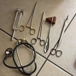 Medical Instruments Set: Stethoscope, Forceps, Scissors, Tuning Fork, Hammer. Fixed Price $35.00.